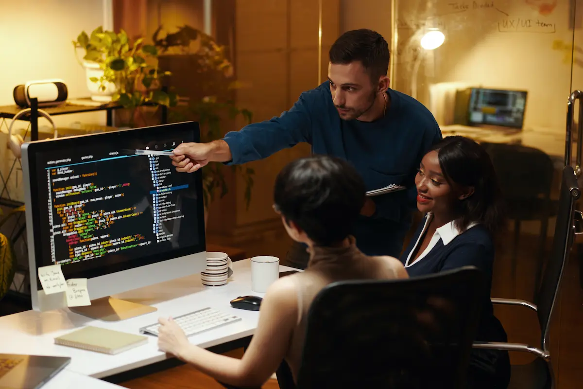 Team discussing web development project requirements